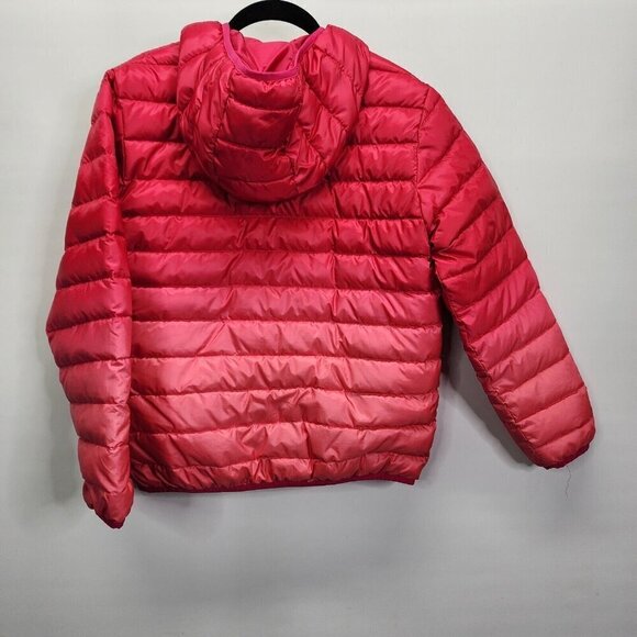 Eddie Bauer Large 14-16 Girls Reversible Hooded Down Jacket Coat Ombré Red Pink - Picture 3 of 14